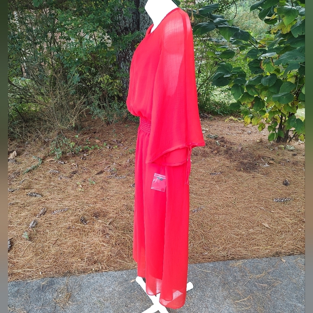 Maggie London Gauze Chiffon Smocked Waist Midi Dress Red Women's Size 8 - Picture 5 of 12
